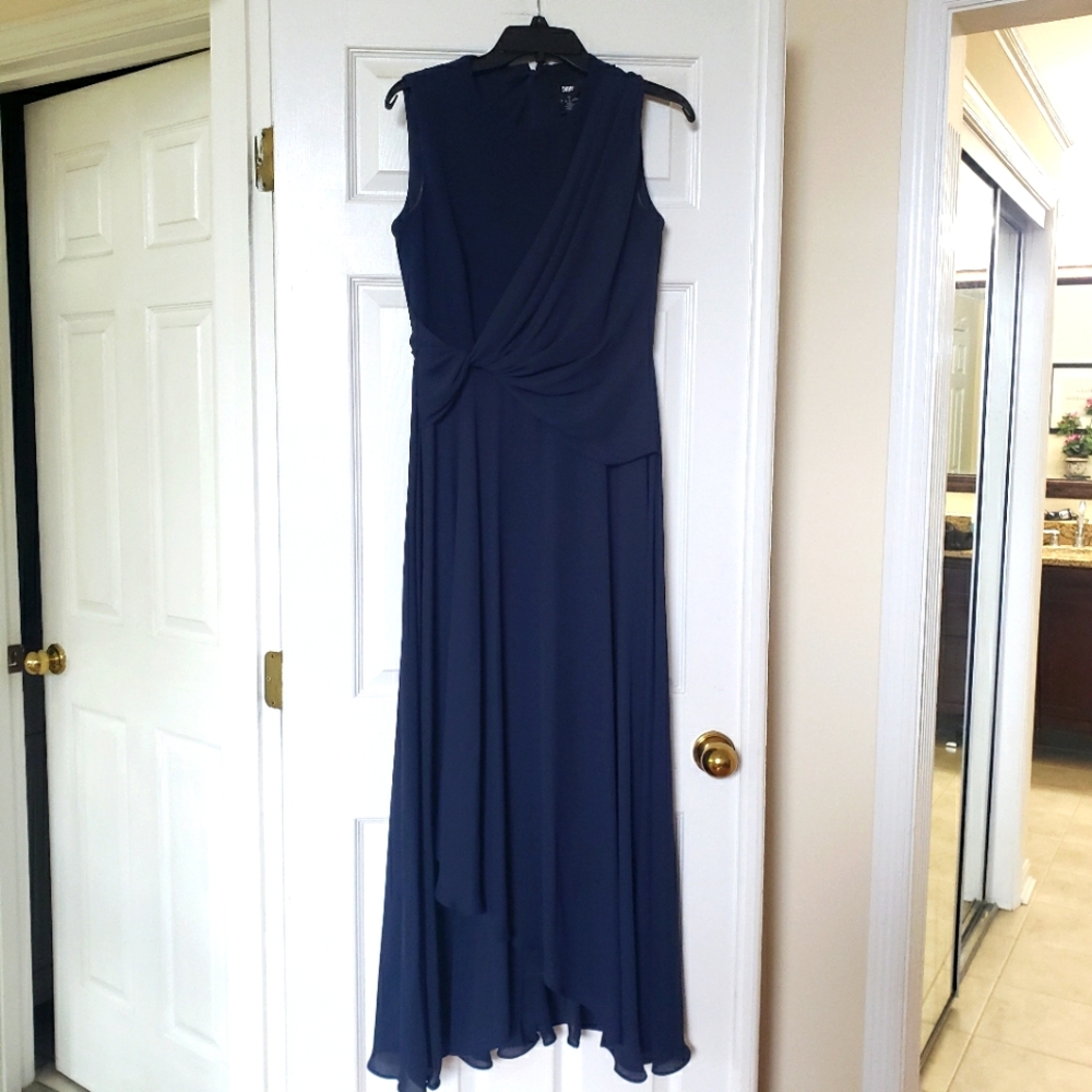 DKNY Navy Sleeveless Draped Wrap-Front Gown